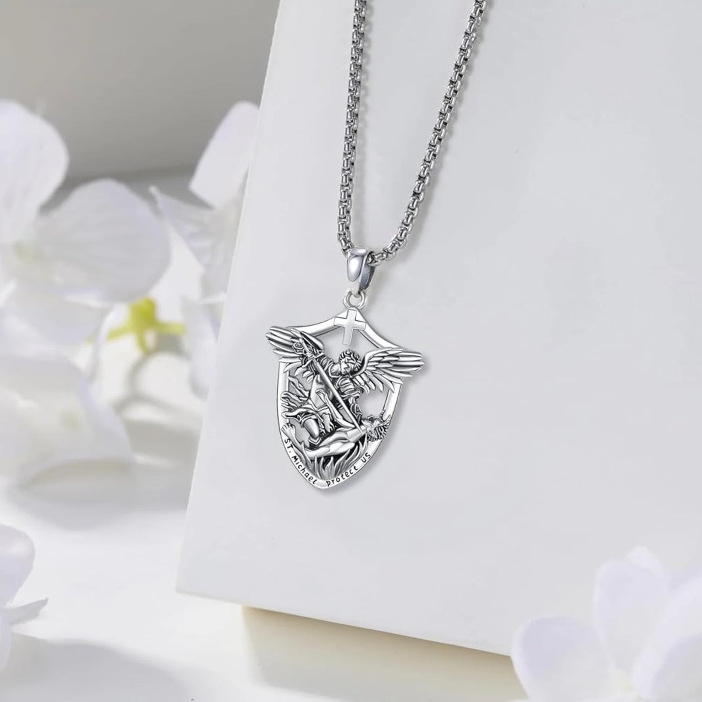 St Michael Necklace 925 Sterling Silver Archangel Michael Medal Pendant Necklace Protection Amulet Jewelry Gifts for Men Women